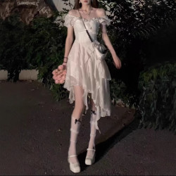 法式茶歇連衣裙女夏季新款荷葉邊不規則顯瘦短裙子