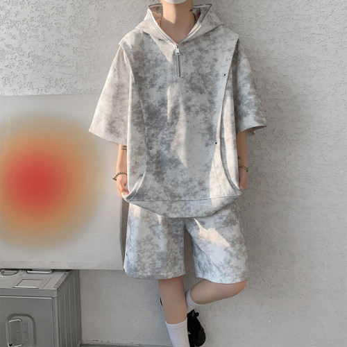設計感高質感套裝圓領大碼T恤套裝男夏季紥染連帽短袖短褲兩件套
