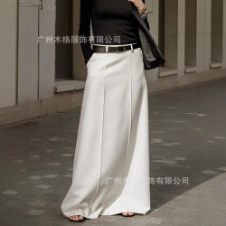 2025款歐美新款女士時尚質感搖擺長裙高腰裙純色大擺半裙