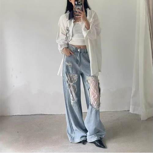 美式復古蕾絲拼接破洞牛仔褲女2025春夏新款慵懶風寬松濶腿長褲子
