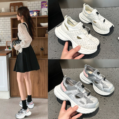 厚底透氣鏤空老爹鞋女2025年夏新款輕便套腳運動鞋百搭單網休閒鞋