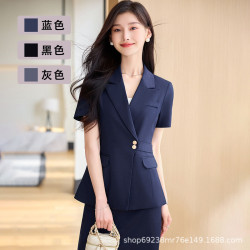 2025新款職業西裝套裝女短袖工裝醫美前台售樓部套裙套褲工作服夏