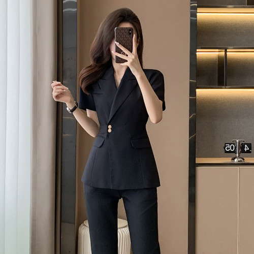 2025新款職業西裝套裝女短袖工裝醫美前台售樓部套裙套褲工作服夏