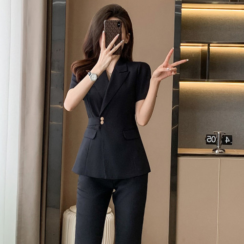 2025新款職業西裝套裝女短袖工裝醫美前台售樓部套裙套褲工作服夏