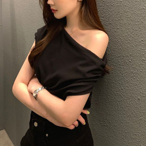 晚風-0511小衆不規則斜肩針織上衣女2025夏設計感時尚寬松露