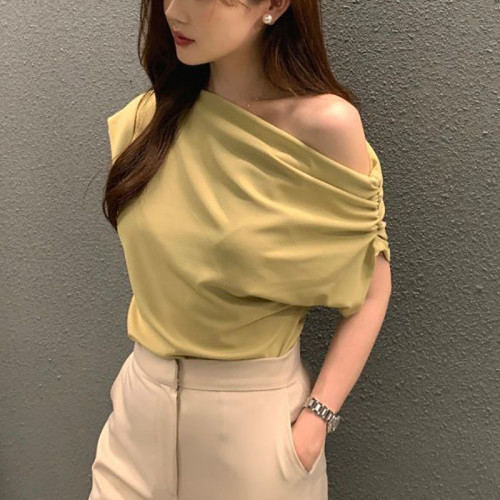 晚風-0511小衆不規則斜肩針織上衣女2025夏設計感時尚寬松露