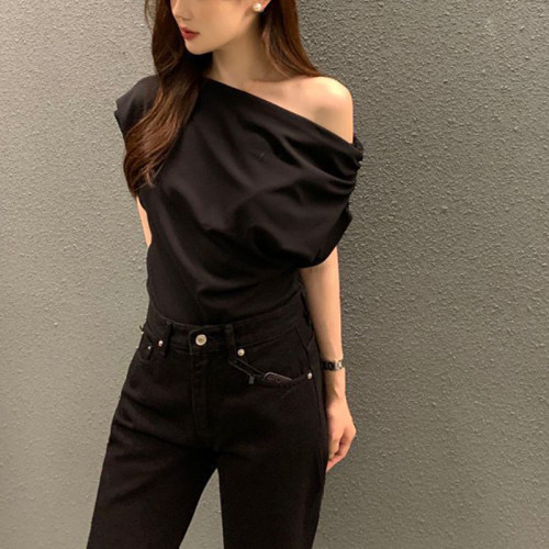 晚風-0511小衆不規則斜肩針織上衣女2025夏設計感時尚寬松露
