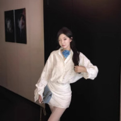 鏤空長袖襯衫連衣裙女春季白色辣妹短裙收腰修身顯瘦裙子