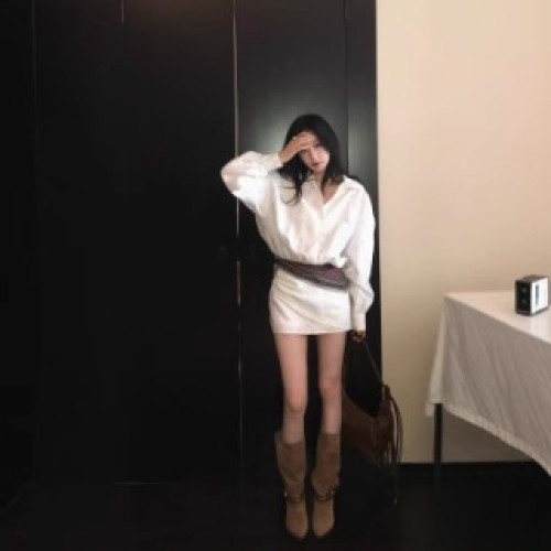 鏤空長袖襯衫連衣裙女春季白色辣妹短裙收腰修身顯瘦裙子