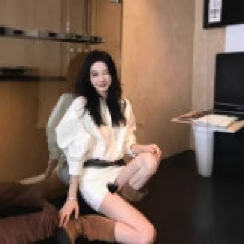 鏤空長袖襯衫連衣裙女春季白色辣妹短裙收腰修身顯瘦裙子