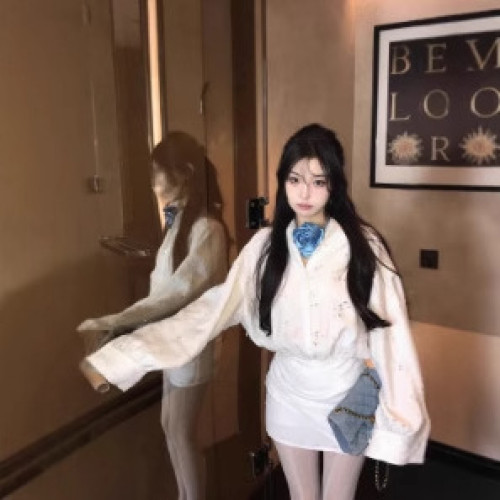 鏤空長袖襯衫連衣裙女春季白色辣妹短裙收腰修身顯瘦裙子