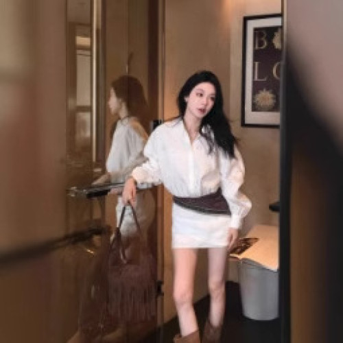 鏤空長袖襯衫連衣裙女春季白色辣妹短裙收腰修身顯瘦裙子
