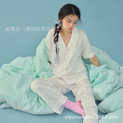 夏季新款月牙花花短袖長褲冰絲睡衣女 可外穿女士家居服套裝