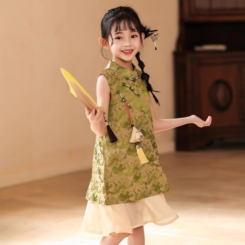 女童漢服連衣裙新中式兒童旗袍公主裙夏裝2025年新款女孩背心裙