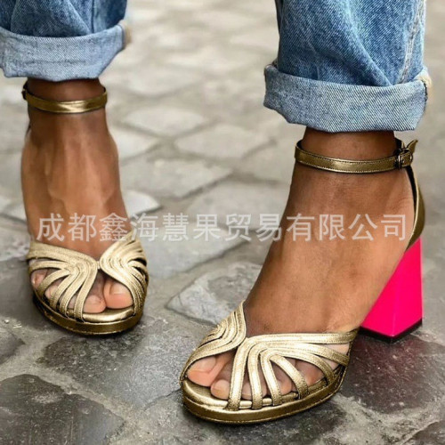 wish款2023年夏季高跟時尚魚嘴女鞋40-43大碼露趾釦帶涼鞋