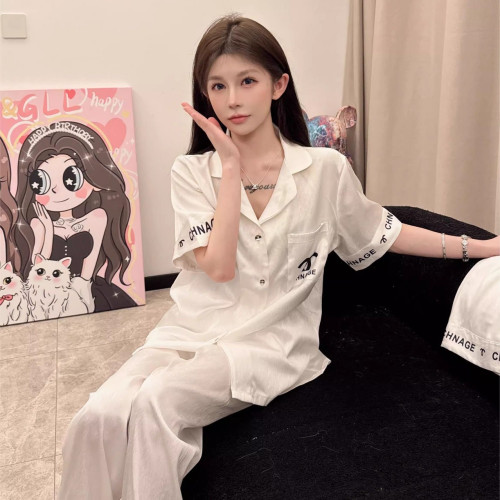 2025新款情侶睡衣男女冰雪絲短袖短褲開衫翻領可外穿家居服套裝