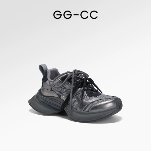 GGCC同款厚底增高老爹鞋女潮春夏2025新款撞色系帶銀色運動休閒鞋