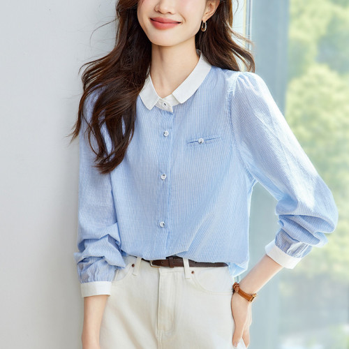 棉繭 藍色條紋襯衫女長袖2025夏季新款小方領撞色上衣設計感襯衣