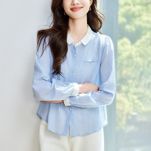 棉繭 藍色條紋襯衫女長袖2025夏季新款小方領撞色上衣設計感襯衣