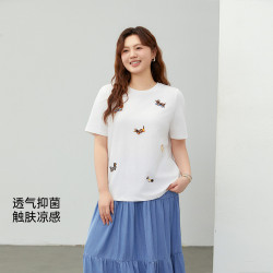 【舒適涼感抗菌減齡卡通小狗百搭T恤】纖莉秀大碼女裝胖mm夏新款