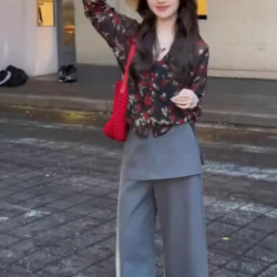 25270大愛美依緣2025夏季新款長袖防曬花襯衫帶屁簾濶腿褲時尚女