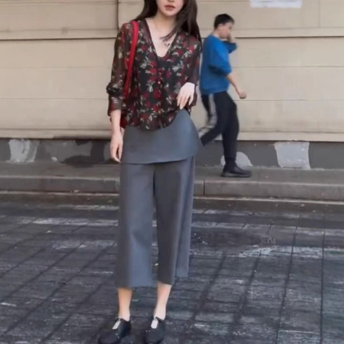 25270大愛美依緣2025夏季新款長袖防曬花襯衫帶屁簾濶腿褲時尚女