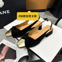 338-1寬胖腳單鞋女法式粗跟鞋加寬加肥春夏低跟涼拖鞋拼色小香風