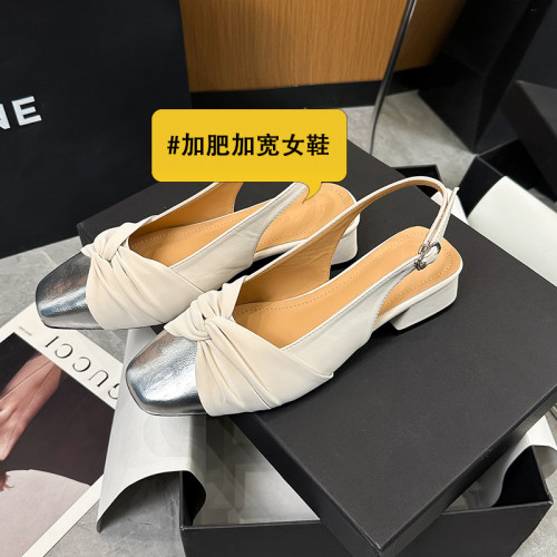 338-1寬胖腳單鞋女法式粗跟鞋加寬加肥春夏低跟涼拖鞋拼色小香風