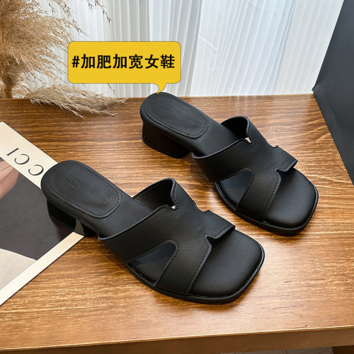 627-1網紅拖鞋女夏季外穿寬胖腳一字拖女粗跟涼鞋加寬加肥涼拖鞋