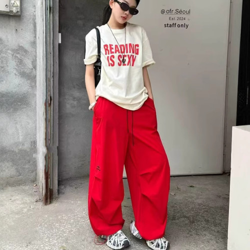 美式休閒褲刺綉字母濶腿褲2025夏季新款松緊腰抽繩束腳直筒運動褲