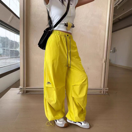 美式休閒褲刺綉字母濶腿褲2025夏季新款松緊腰抽繩束腳直筒運動褲