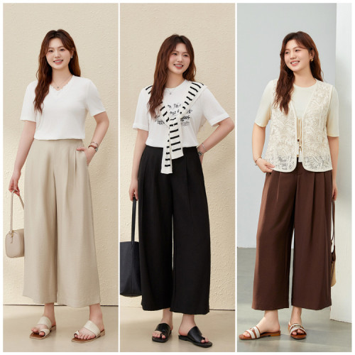 【休閒簡約濶腿寬松顯瘦百搭褲子】纖莉秀大碼女裝胖mm2025夏新款