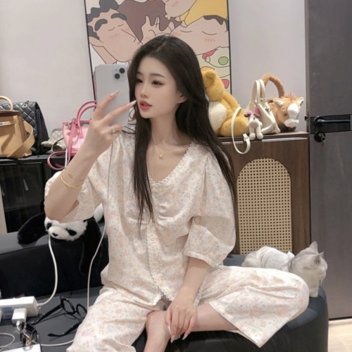 夏季清新甜美可愛休閒純棉碎花中袖睡衣套裝女家居服可外穿顯瘦
