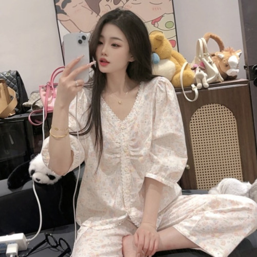 夏季清新甜美可愛休閒純棉碎花中袖睡衣套裝女家居服可外穿顯瘦