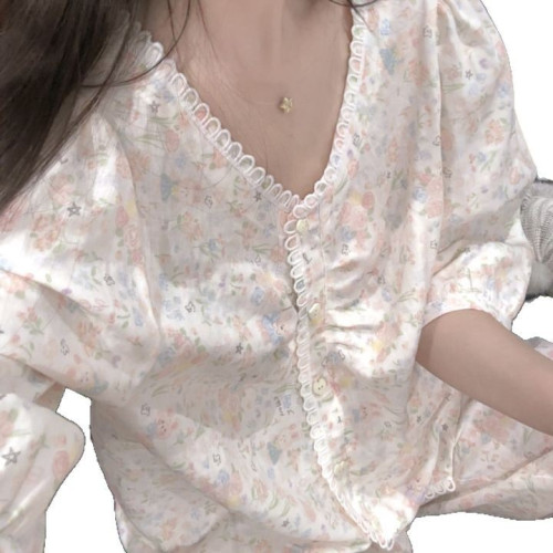 夏季清新甜美可愛休閒純棉碎花中袖睡衣套裝女家居服可外穿顯瘦