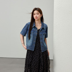 【藍海島嶼】復古港風外搭牛仔外套纖莉秀大碼女裝胖mm2025夏新款