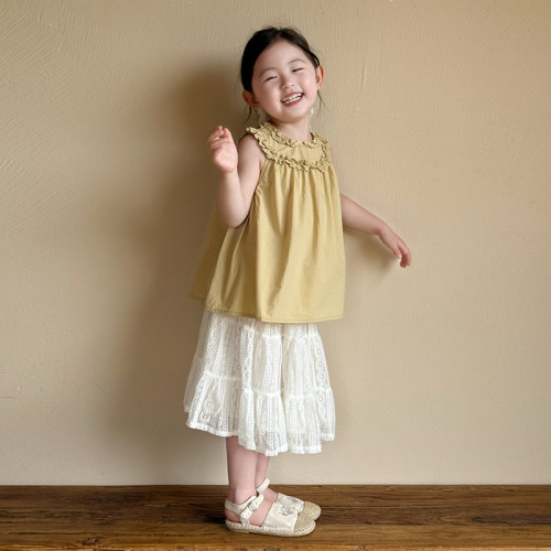 童裝公主甜美氣質兩件套無袖木耳花邊上衣白色紗裙女寶套裝裙