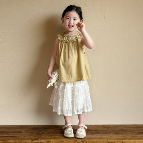 童裝公主甜美氣質兩件套無袖木耳花邊上衣白色紗裙女寶套裝裙