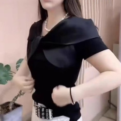 25038婕妤秀夏季新款法式交叉領短袖t恤女士時尚氣質百搭顯瘦小衫