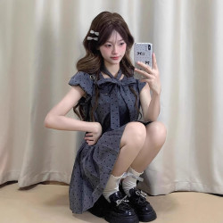 法式灰色波點小飛袖連衣裙子女夏季2025年新款小個子清新甜美短裙