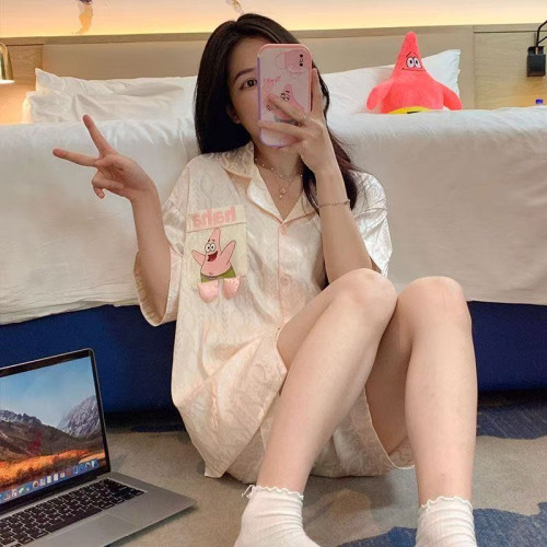 睡衣女夏天冰絲綢涼感短袖短褲套裝甜通夏季春秋款女士家居服開衫