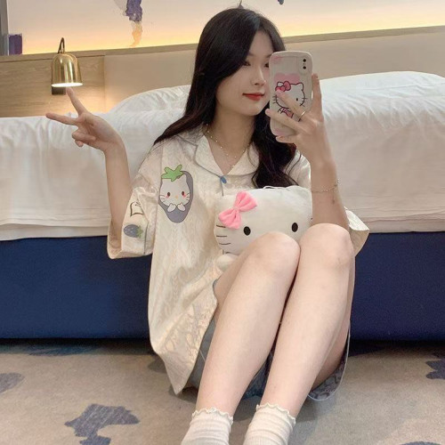 睡衣女夏天冰絲綢涼感短袖短褲套裝甜通夏季春秋款女士家居服開衫