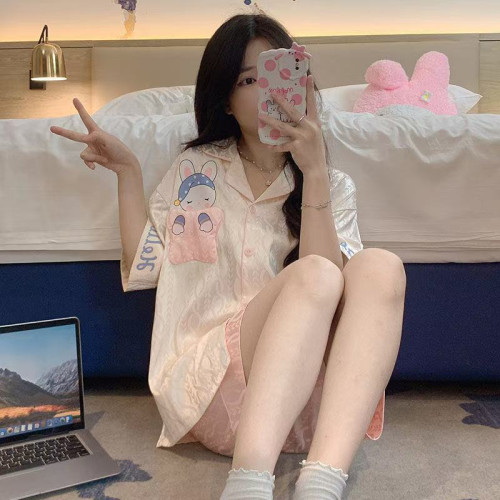 睡衣女夏天冰絲綢涼感短袖短褲套裝甜通夏季春秋款女士家居服開衫