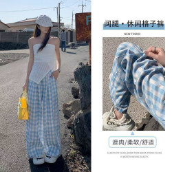 美式復古藍色格子休閒褲女夏季高腰垂感設計感小衆直筒寬松濶腿褲