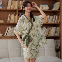2025夏季新款雲朵棉睡衣女春夏季短袖和服睡裙胸墊套頭女士家居服