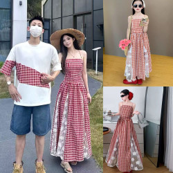 韓版夏季新款親子裝設計感藍色格子吊帶連衣裙女收腰顯瘦氣質長裙