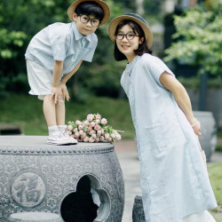 高級情侶裝夏季條紋短袖襯衣母女裝韓系親子裝寬松度假休閒家庭裝
