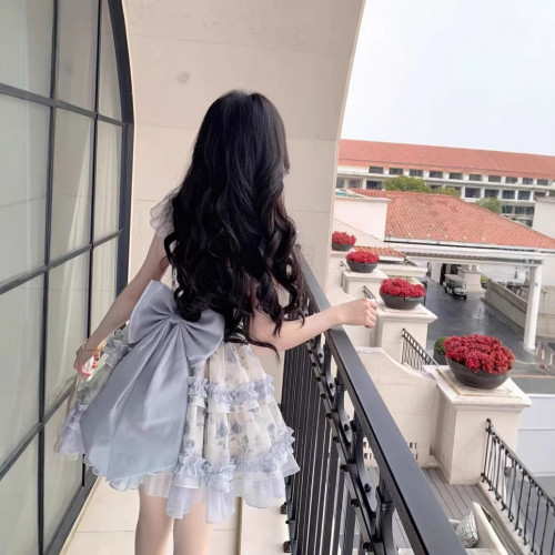少女感蓬蓬公主裙小飛袖碎花蝴蝶結蛋糕連衣裙