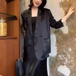 【6674】大碼女裝黑色感光澤吊帶裙緞面寬松休閒小西裝兩件套