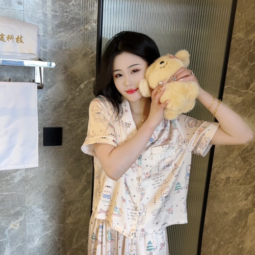 夏季氣質可愛休閒顯瘦睡衣女短袖長褲家居服套裝可外穿減齡